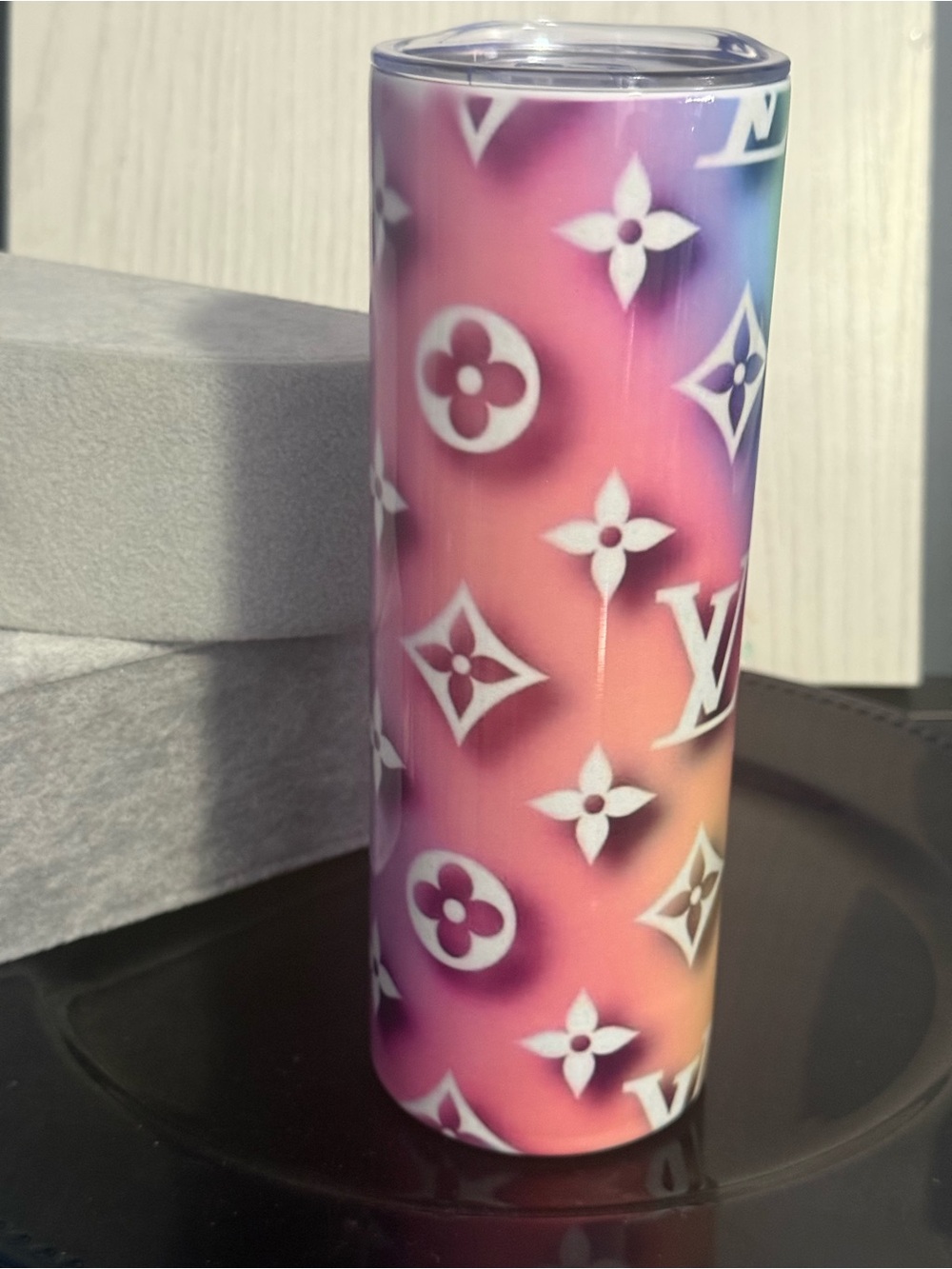 Pink Gradient Monogram Travel Tumbler - Luxury-Inspired Design
